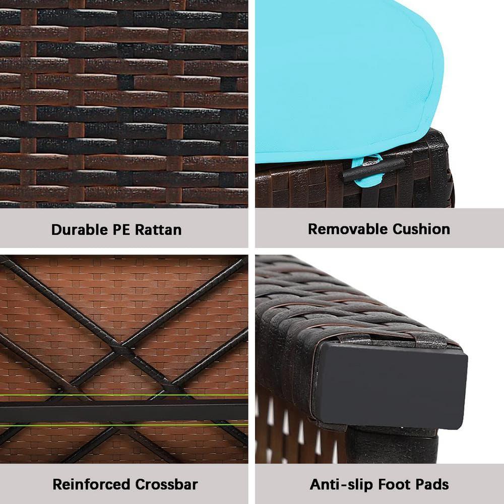 Tangkula 2 PCS Outdoor Wicker Ottoman Patio Rattan Furniture Metal Footrest Seat Square Footstool with Cushion Turquoise