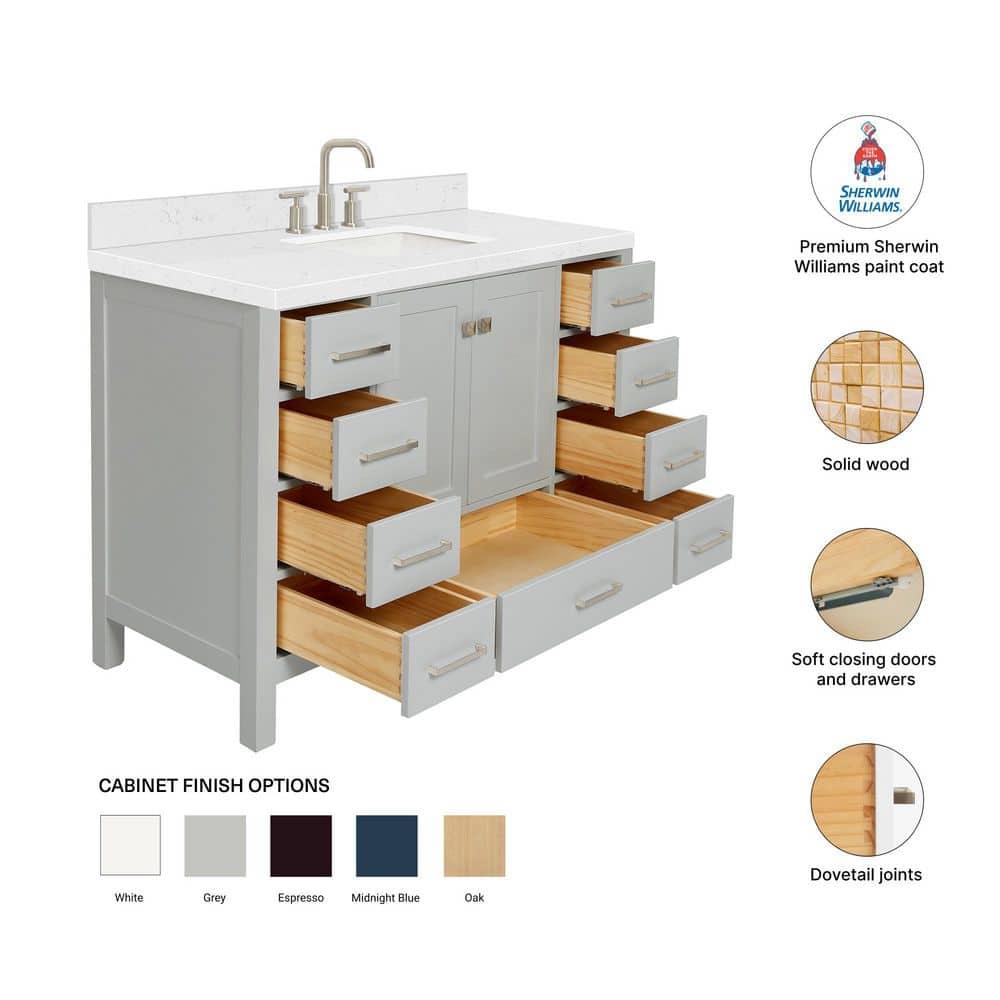 ARIEL 48" Grey Bathroom Vanity Base Cabinet, Single Sink Configuration, 2 Soft Closing Doors, 9 Full Extension Dovetail Drawers, Brushed Nickel