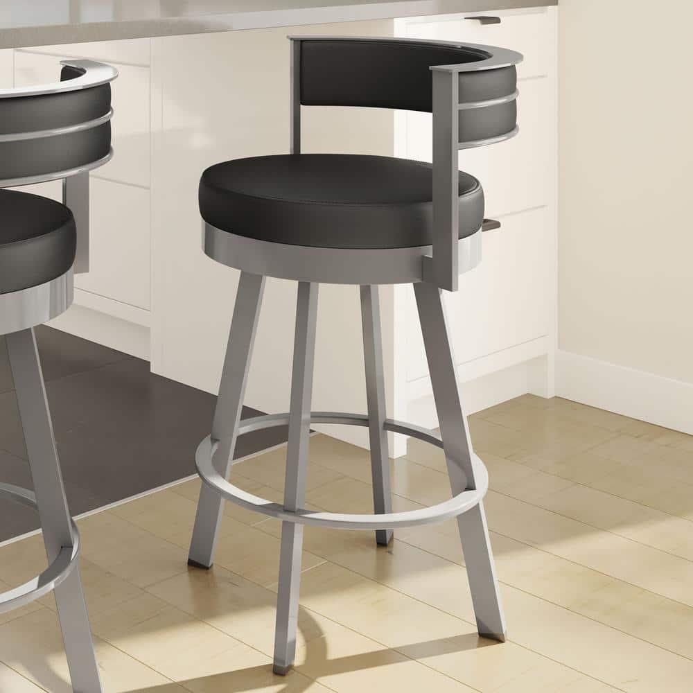 Amisco Browser Upholstered Barstool Charcoal Black/Gray: Faux Leather, Steel Frame, Fixed Height