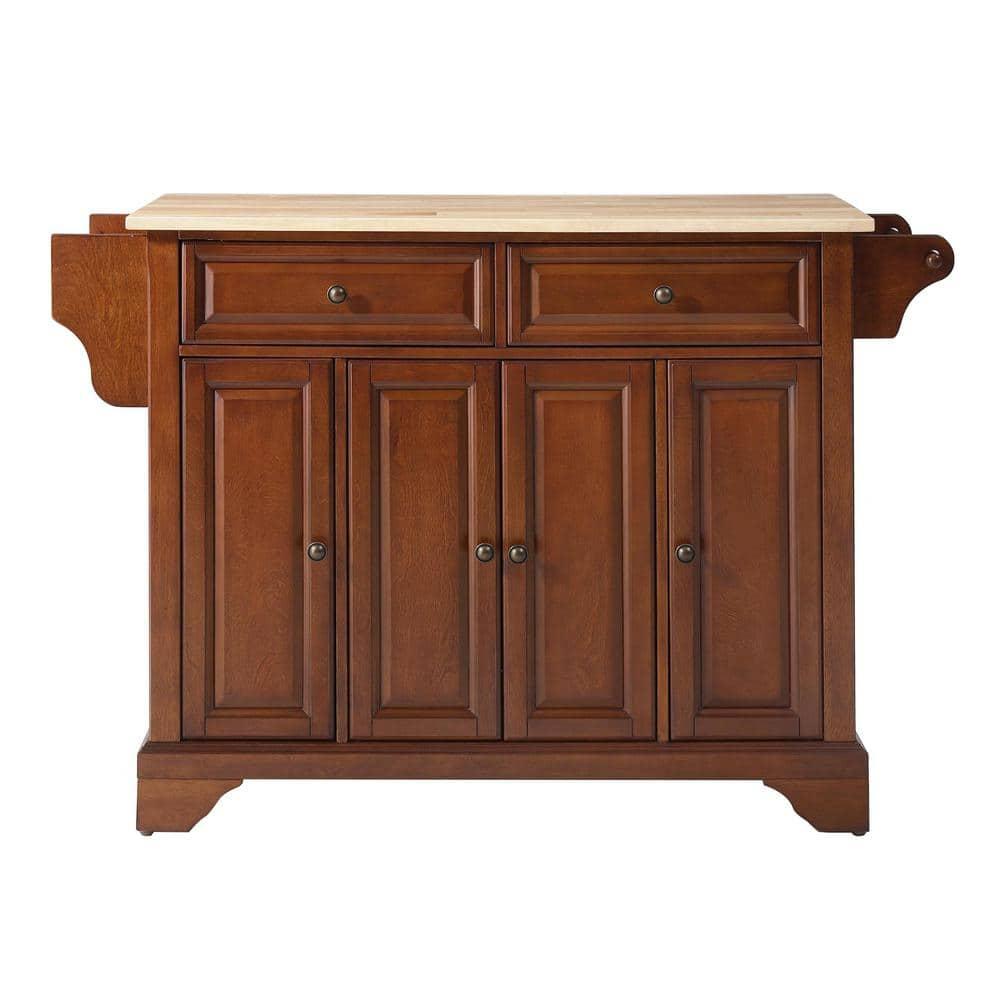 Crosley Lafayette Wood Top Full Size Kitchen Island/Cart Cherry/Natural: With Adjustable Shelves, Towel Bar, 5 Drawers