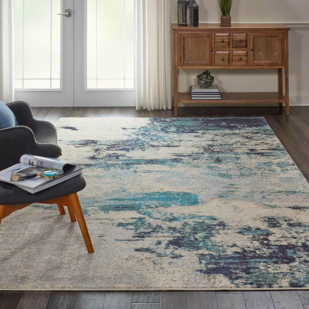 Celestial CES02 Area Rug Colorful Contemporary Abstract By Nourison Ivory Teal Blue 7' x 10'