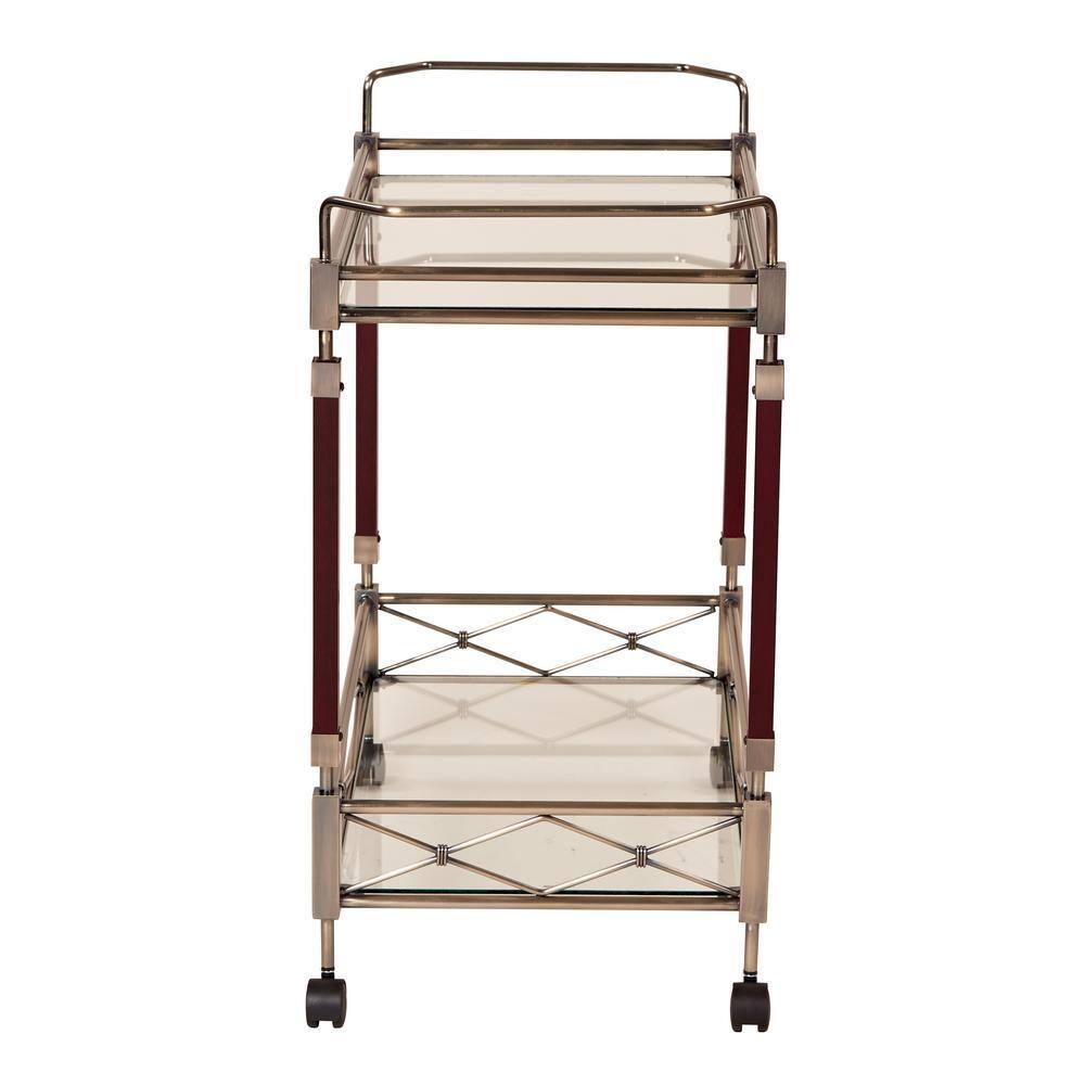 Melrose Serving Cart Antique Brass - OSP Home Furnishings: Mid-Century Glass Top, Metal Frame with Casters