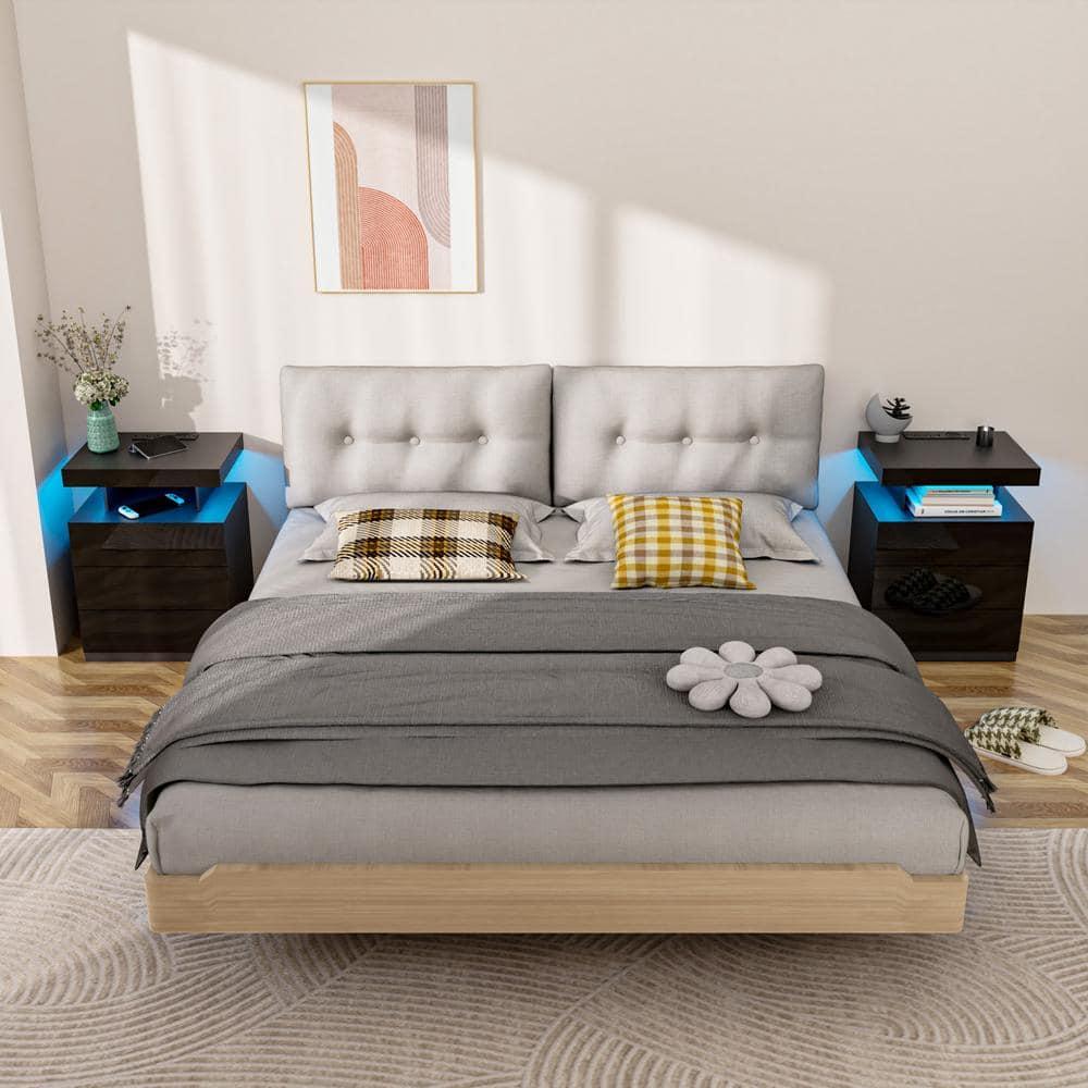 Hommpa LED Nightstand Wireless Charging Station USB Type C Outlets Bedside Table 3 Drawers White Night Table Modern Smart Nightstand High Gloss End Side Table for Bedroom Furniture 26.8" Tall
