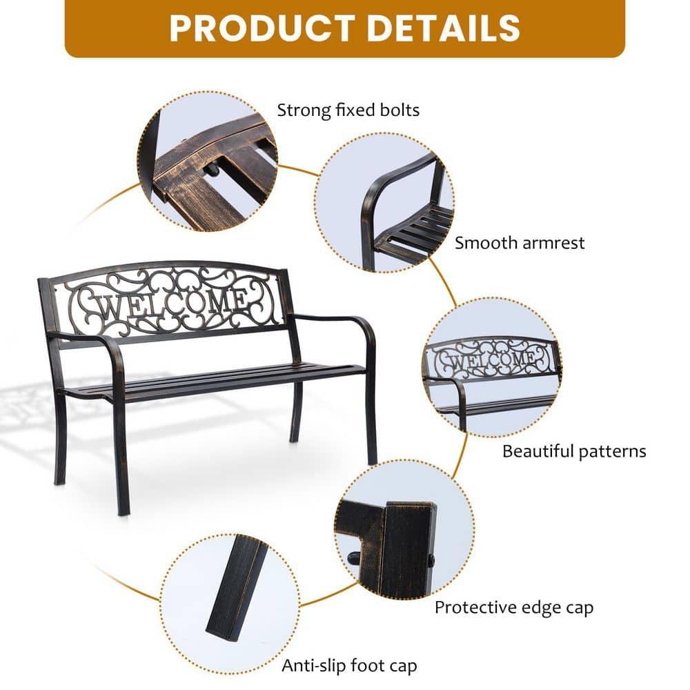 Topcobe Outdoor Furniture Steel Frame Porch Garden Bench, Patio Furniture, Bronze