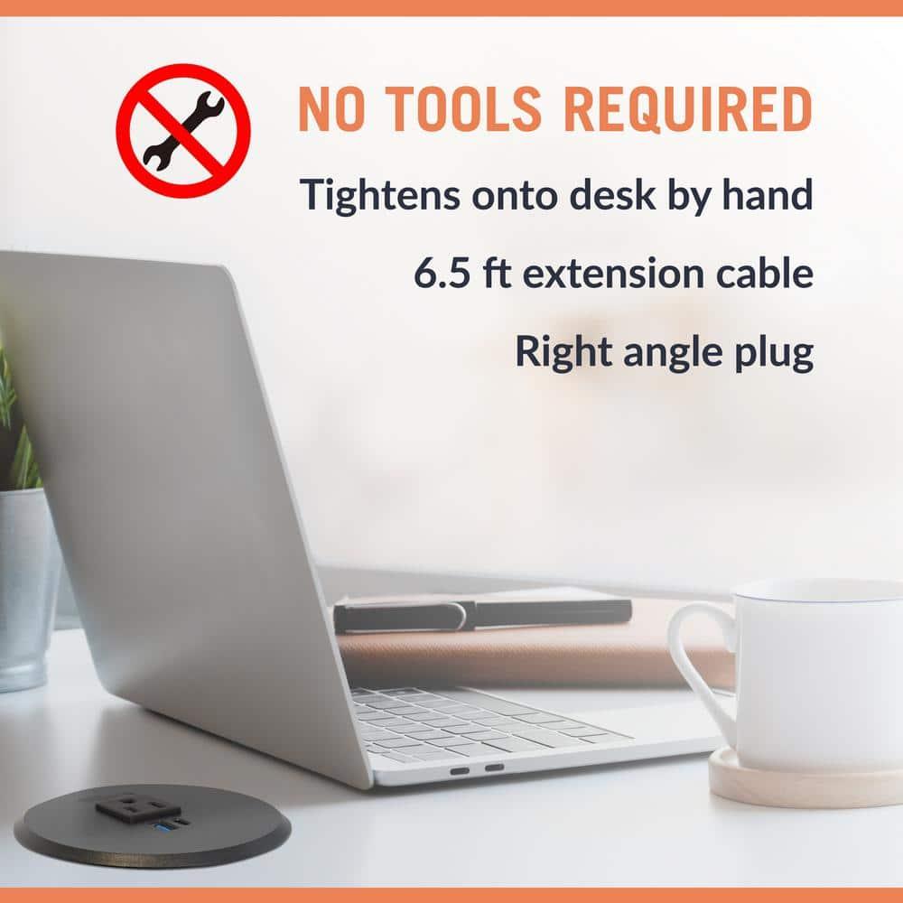 2-4 in. Universal Desk Grommet with Tamper Resistant Electrical Outlet, USB Ports, and 6.5-ft. Cable
