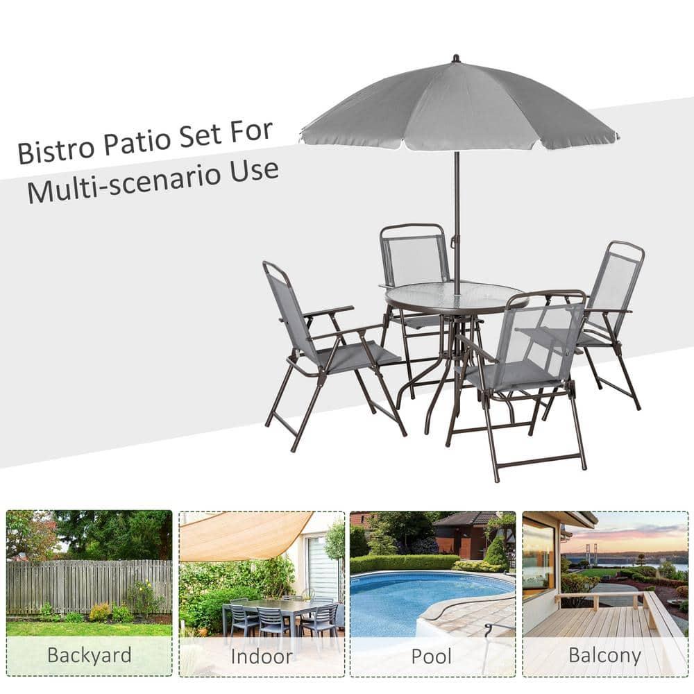 Outsunny 6 Piece Patio Dining Set for 4 with Umbrella, 4 Folding Dining Chairs & Round Glass Table for Garden, Backyard, and Poolside, Gray