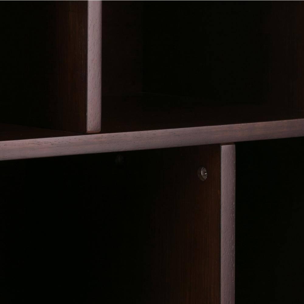 Simpli Home Draper 35"W Solid Hardwood 6 Shelf Compartment Mid-Century Modern Wide Bookcase with 2 Drawers