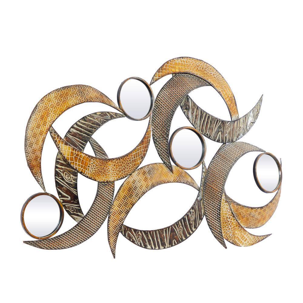 DecMode Contemporary Curved Metal Stips with Indigenous Patterns Wall Décor, 24"W x 40"H Features Gray, Brown, Maroon and Yellow Polished Finish