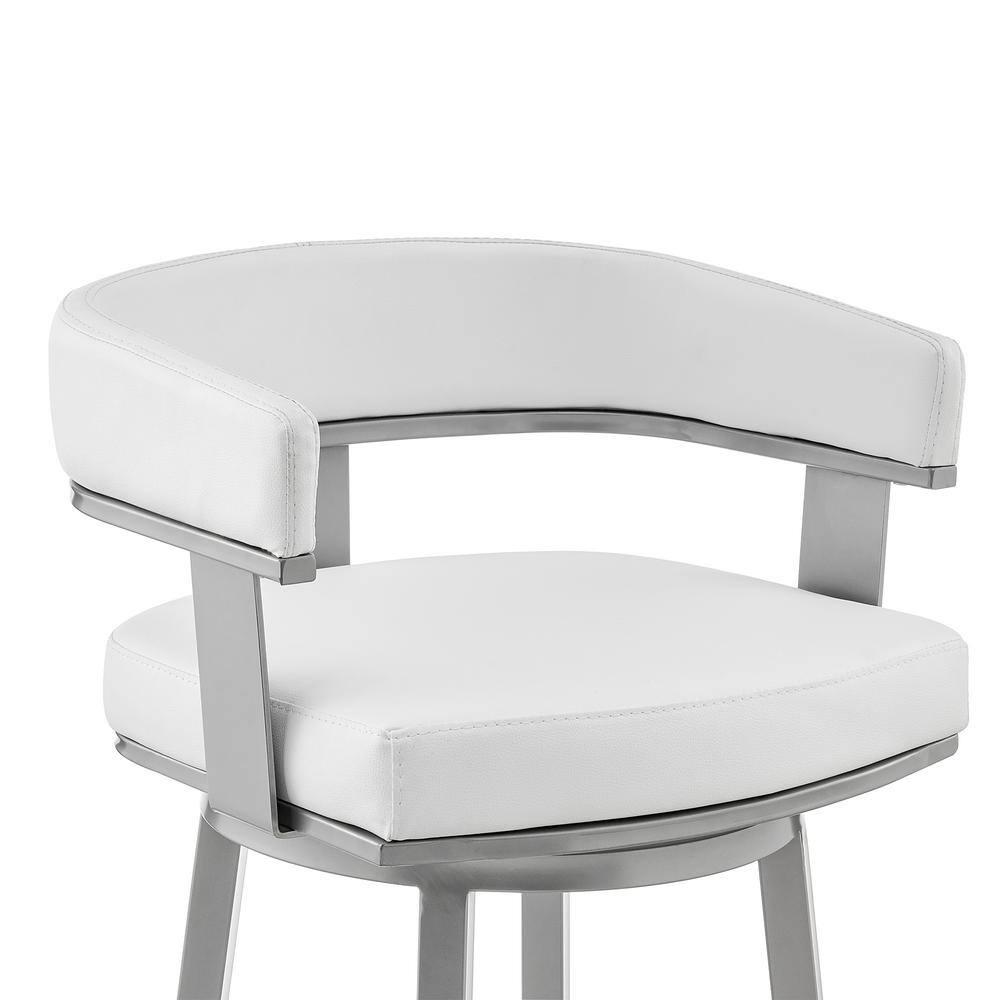 Armen Living Cohen30" Bar Height Swivel Bar Stool in Silver Finish with White Faux Leather