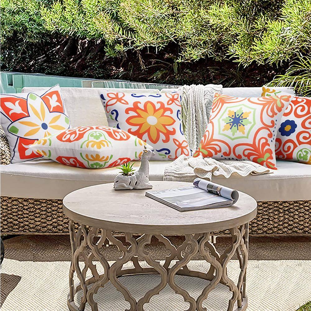 Pyonic Outdoor Waterproof Throw Pillow Covers for Patio Furniture Decorative Boho Pillow Covers 18x18 Floral Printed for Patio Tent Couch Garden Set of 4,Orange