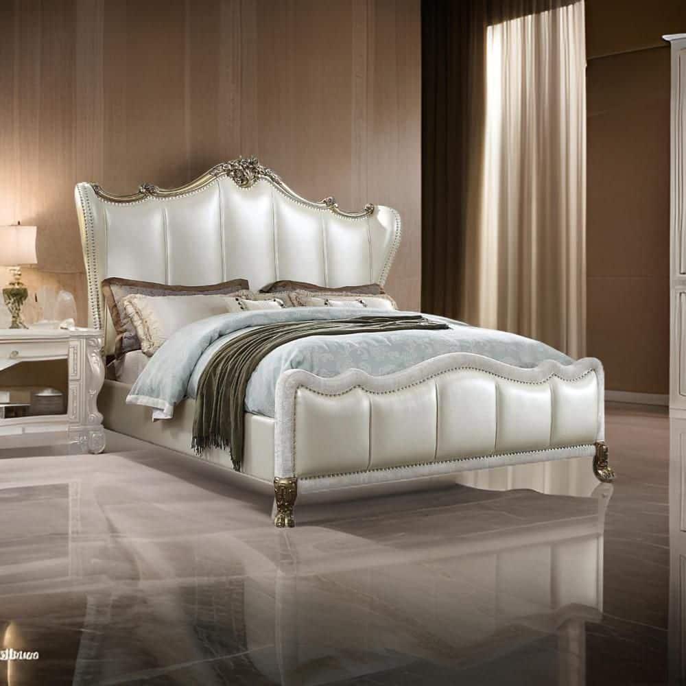 Benjara Ally Bed, White Faux Leather Victorian Carved, White And Silver