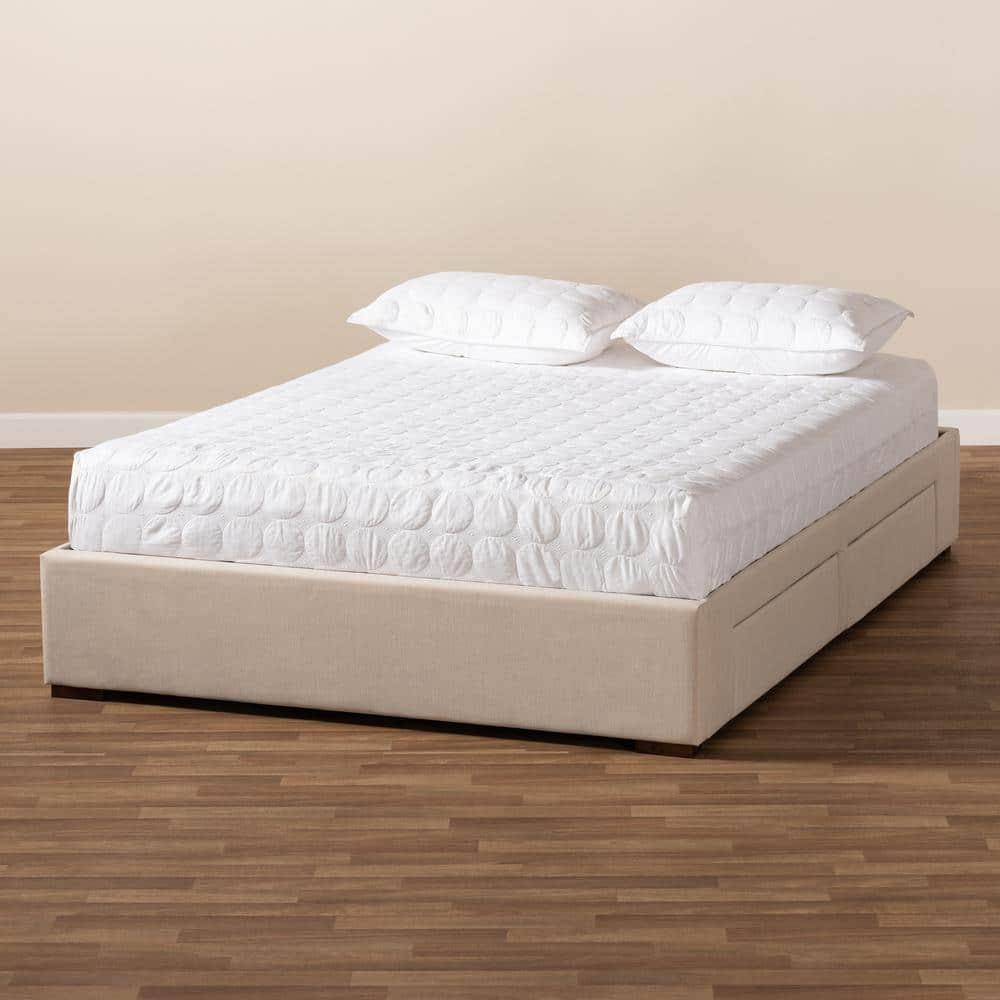 King Leni Bed Frame Beige - Baxton Studio: Storage Drawers, Polyester Upholstery, No Box Spring Required