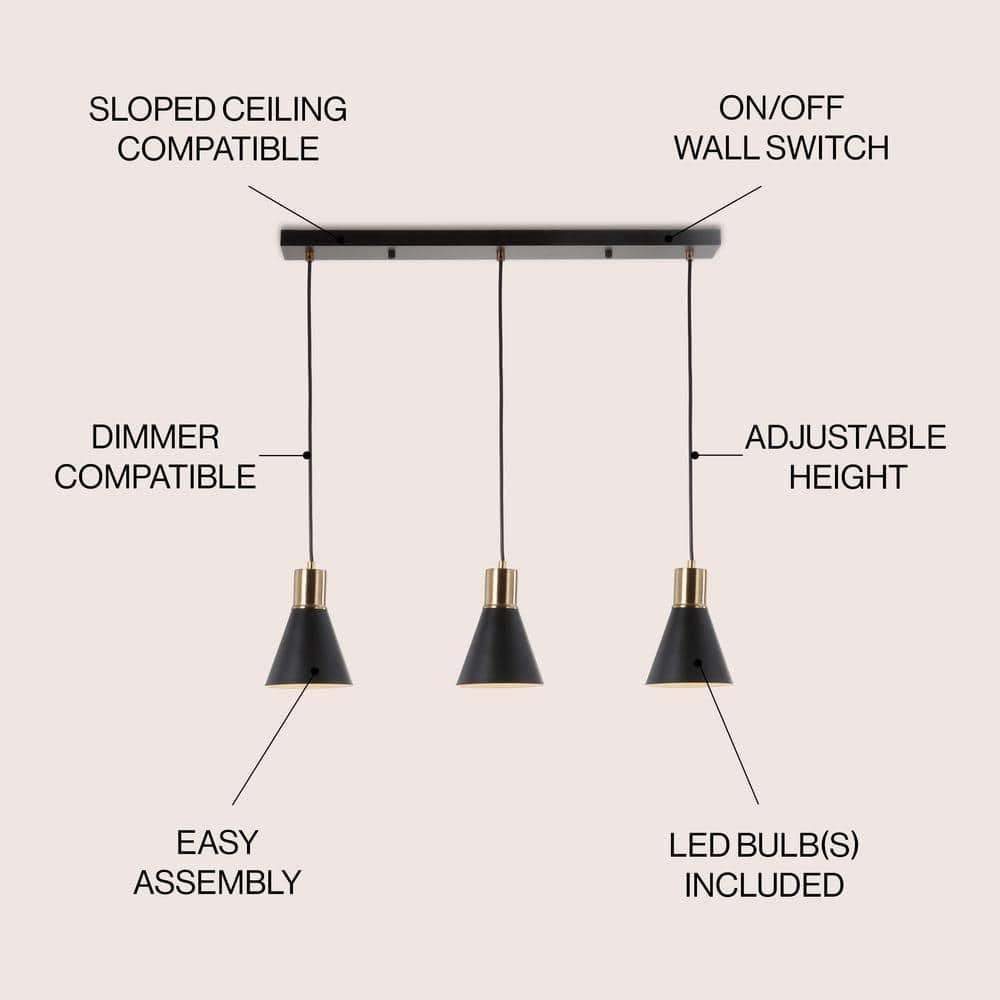 Apollo 33.5" 3-Light Mid-Century Modern Iron Adjustable Linear LED Pendant, Black/Brass Gold