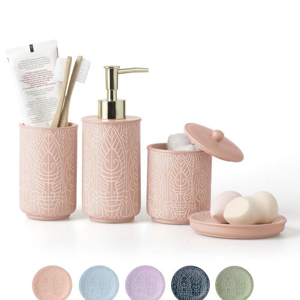 Premium Coral Pink Bathroom Accessories Set. Bathroom Set. Bathroom Decor. Accesorios para Baños. New Apartment Essentials. Toothbrush Holder and Soap Dispenser.