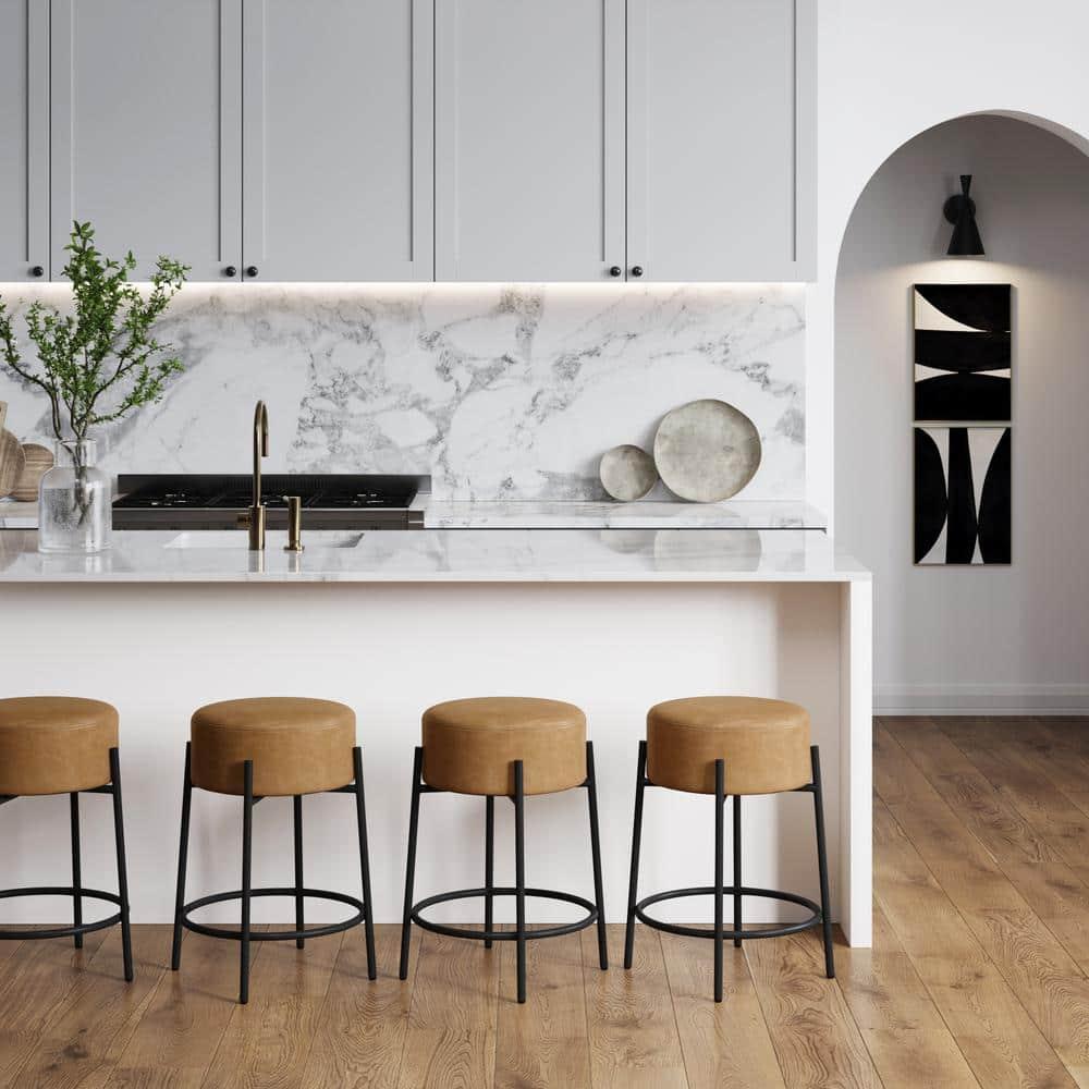 Nathan James Set of 4 Isaac Backless Barstools Brown Faux Leather