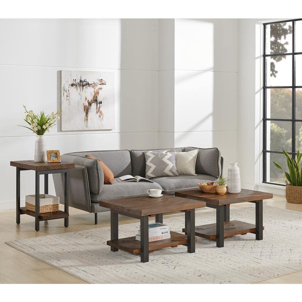 Pomona Solid Wood and Metal End Table with Shelf - Alaterre Furniture: Rustic Design, Fixed Shelf, Rectangle Shape