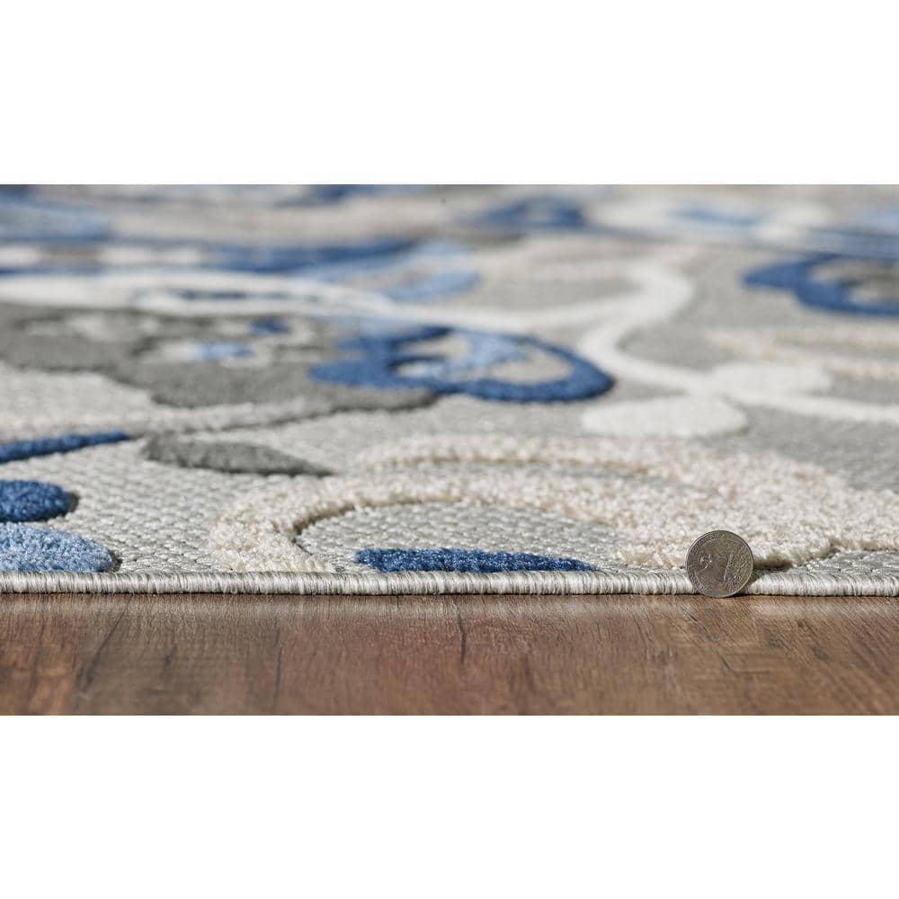 Medium Blue and Gray Synthetic Stain-Resistant Rectangular Rug