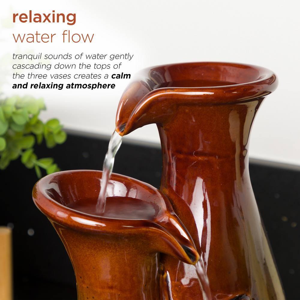 Alpine Corporation 11"H Indoor Tiered Glossy Ceramic Vase Tabletop Fountain, Brown/Gray
