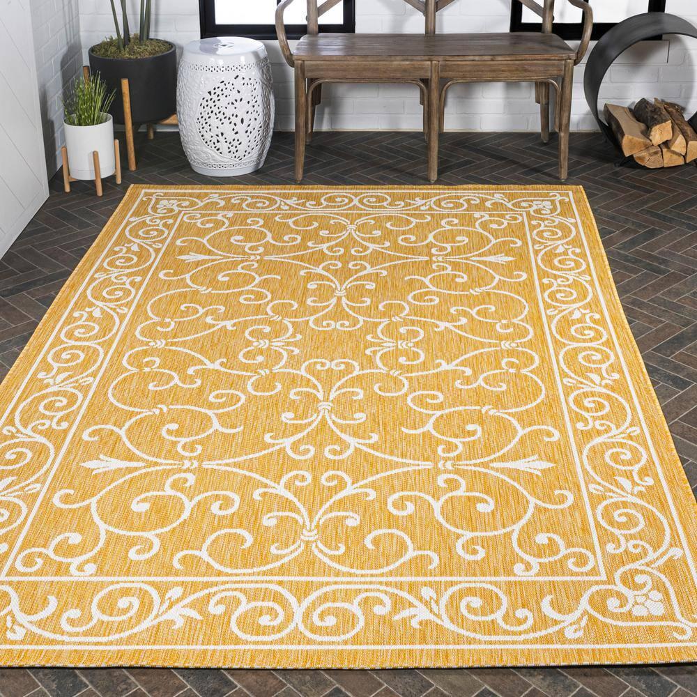 3' x 5' Charleston Vintage Filigree Textured Weave Indoor/Outdoor Area Rug, Yellow/Cream - JONATHAN Y