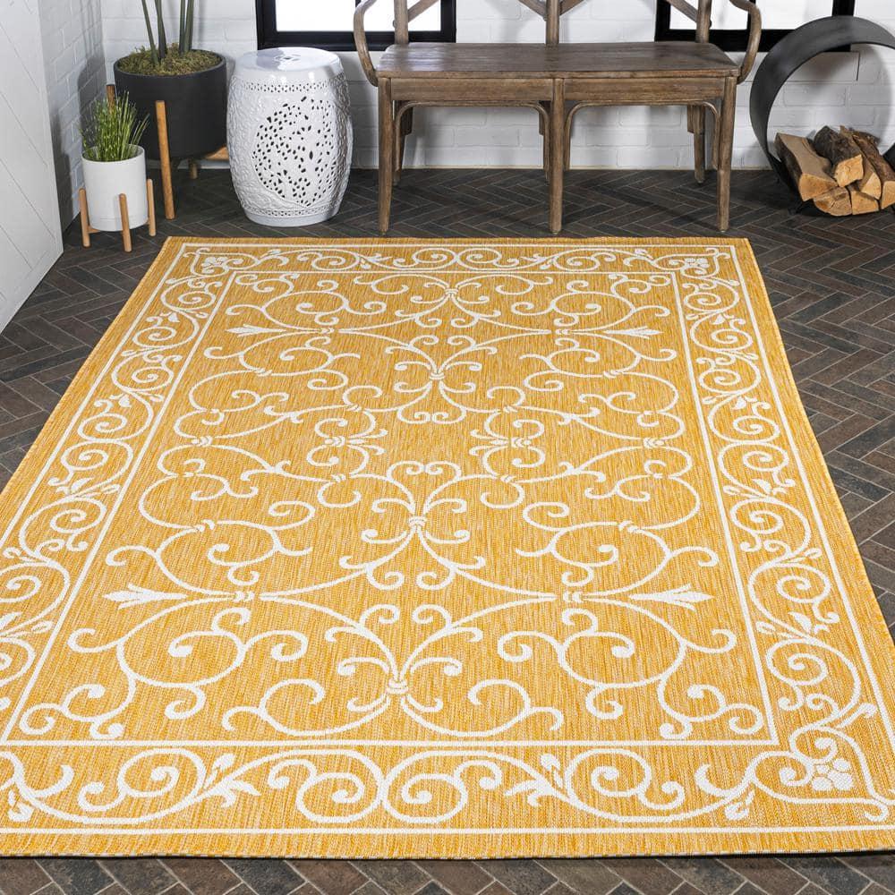 5' x 8' Charleston Vintage Filigree Textured Weave Indoor/Outdoor Area Rug, Yellow/Cream - JONATHAN Y