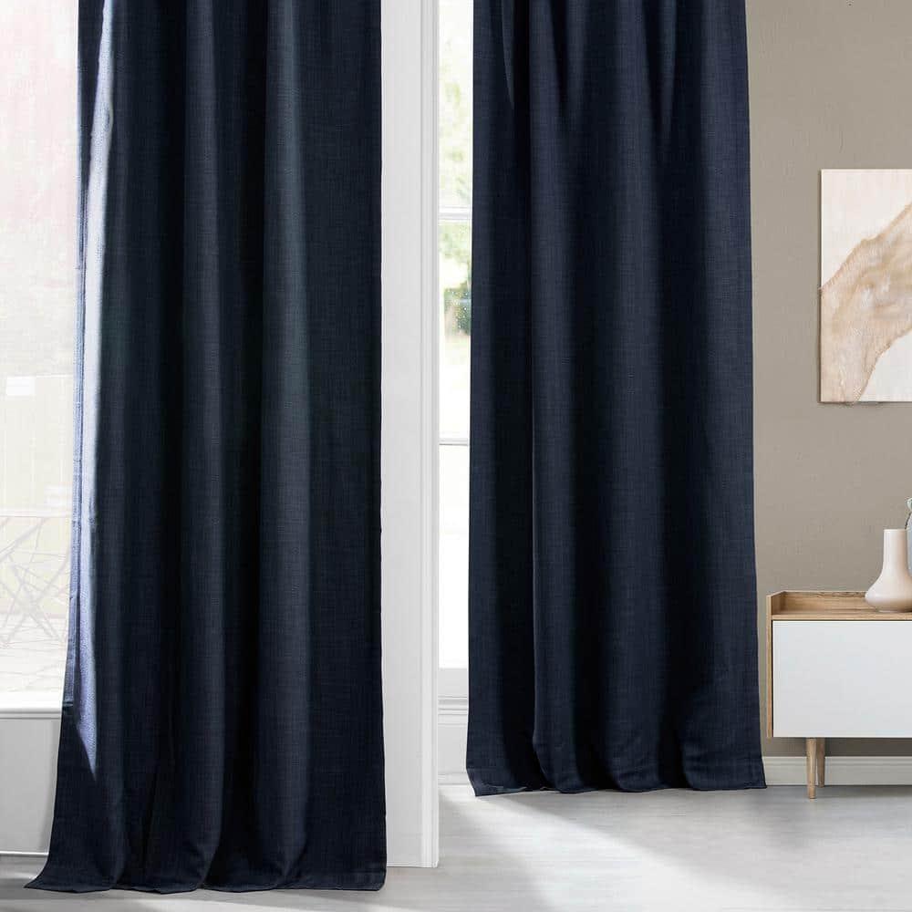 Nightfall Navy Blue Faux Linen Room Darkening Curtain - 50 in. W x 96 in. L (1 Panel)