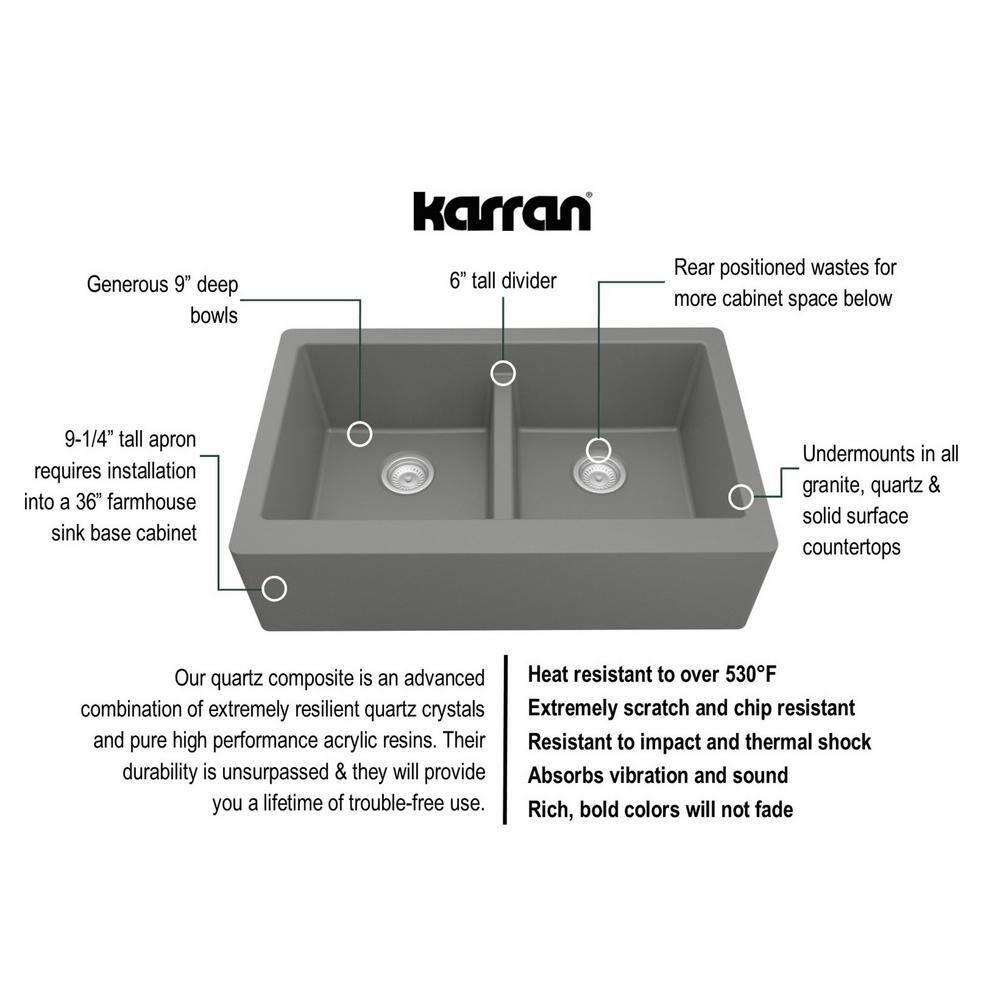 Karran Quartz 34'' X 21-1/4'' 50/50 Double Bowl Farmhouse/Apron Front Kitchen Sink Kit