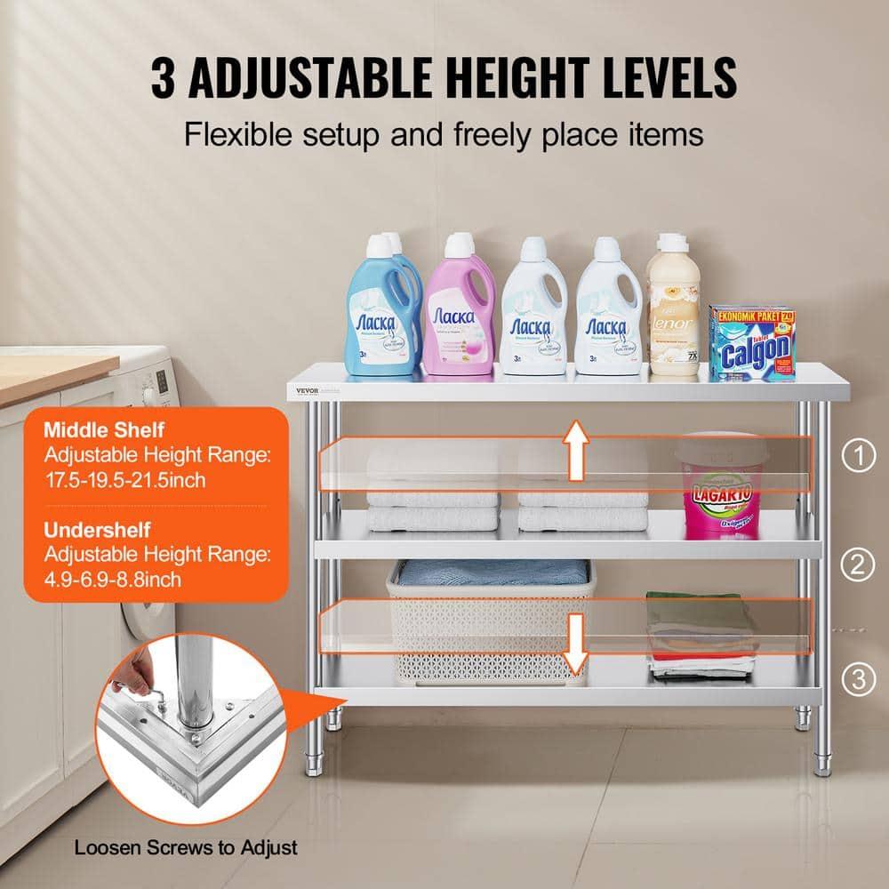 VEVOR Stainless Steel Food Prep Table, 14 x 48 x 34 Inch Commercial Kitchen Worktable, with 2 Adjustable Undershelf, Heavy Duty Prep Metal Work Tables for BBQ, Kitchen, Home, and Garage