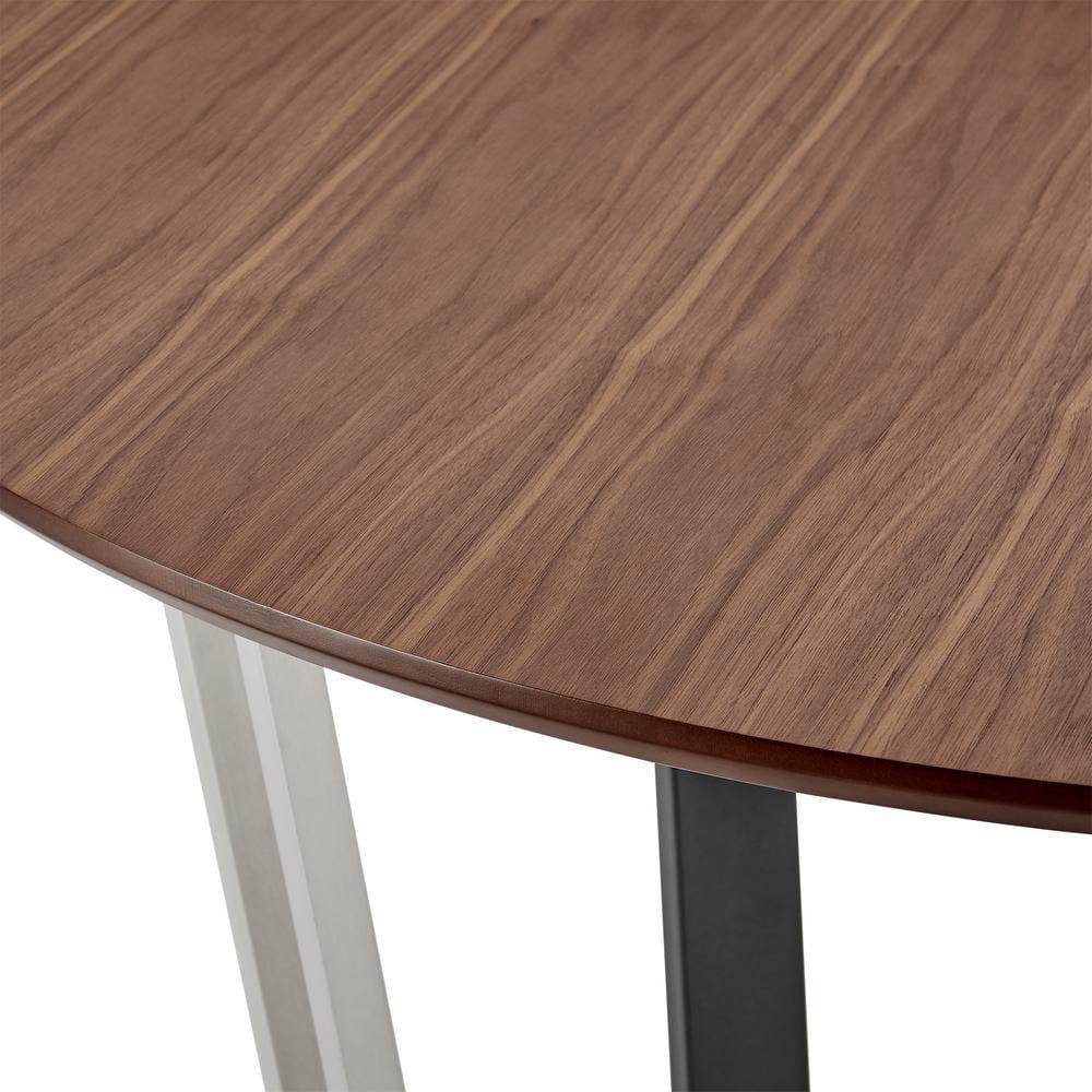 Armen Living 48" Joana Round Brushed Stainless Steel Iron Base with Tabletop Dining Table Black/Walnut