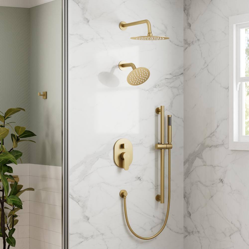 GRANDJOY Complete Shower System, 10" and 6" Dual Wall Mount Rain Shower Faucets with Handheld Shower Spray, High Pressure in Brushed Gold