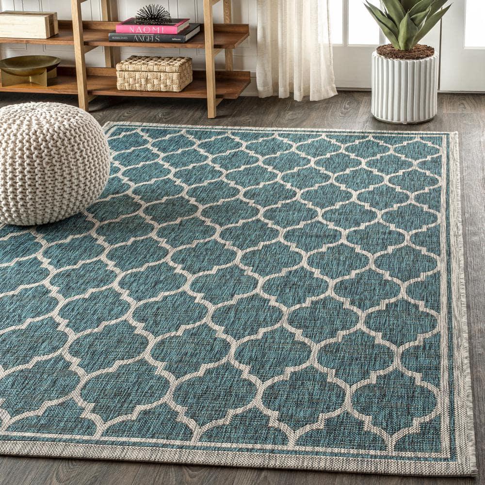 8'x10' Trebol Moroccan Trellis Textured Weave Indoor/Outdoor Area Rug, Teal/Gray - JONATHAN Y
