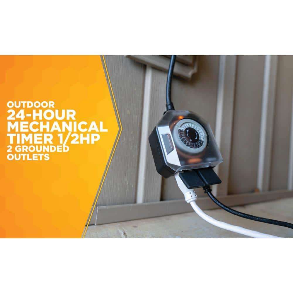 Woods 50123WD Black Outdoor 24-Hour Mechanical Timer with 2 Grounded Outlets