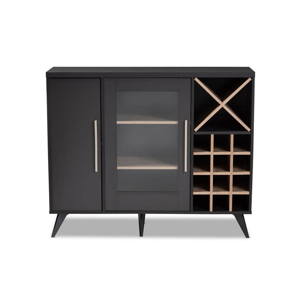 Baxton Studio Pietro Mid-Century Modern Dark Grey and Oak Finished Wine Cabinet