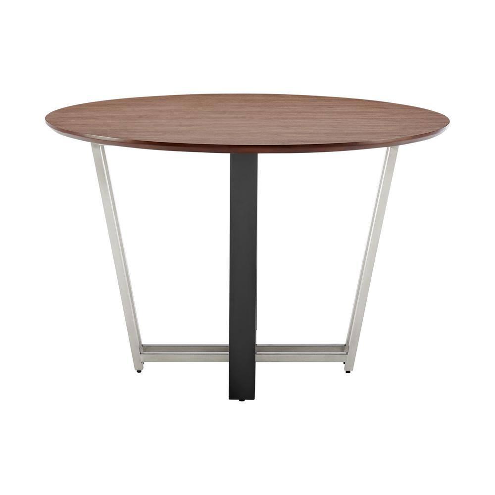 Armen Living 48" Joana Round Brushed Stainless Steel Iron Base with Tabletop Dining Table Black/Walnut