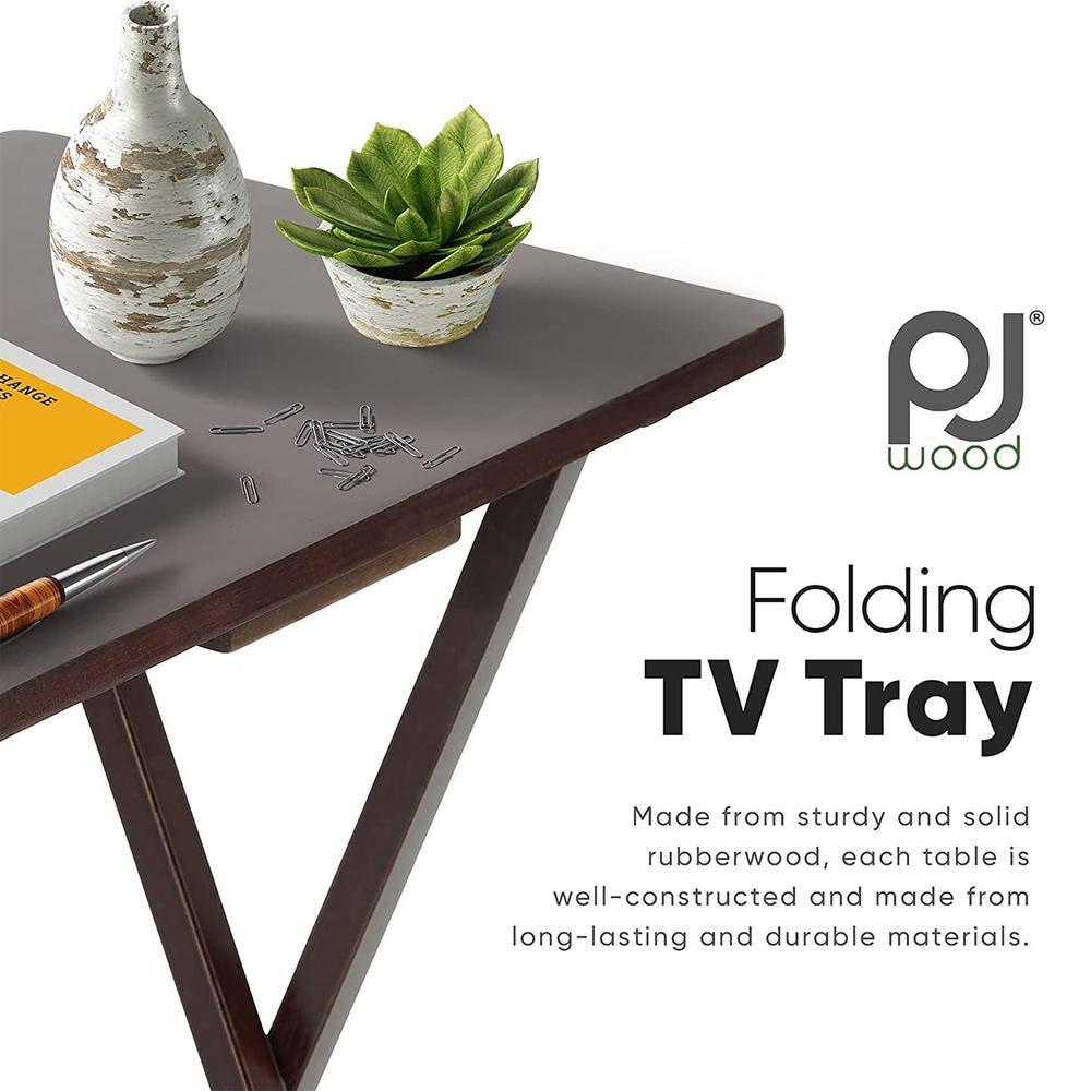 PJ Wood Solid and Sturdy Wood Construction Portable Folding TV Snack Tray Table Desk Serving Stand, Espresso Brown (4-Piece Set)