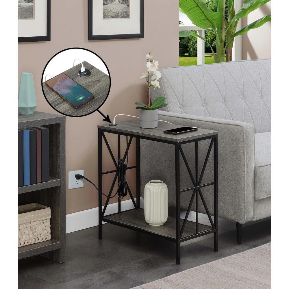 Convenience Concepts Tucson Starburst Chairside End Table with Charging Station and Shelf, Weathered Gray/Black