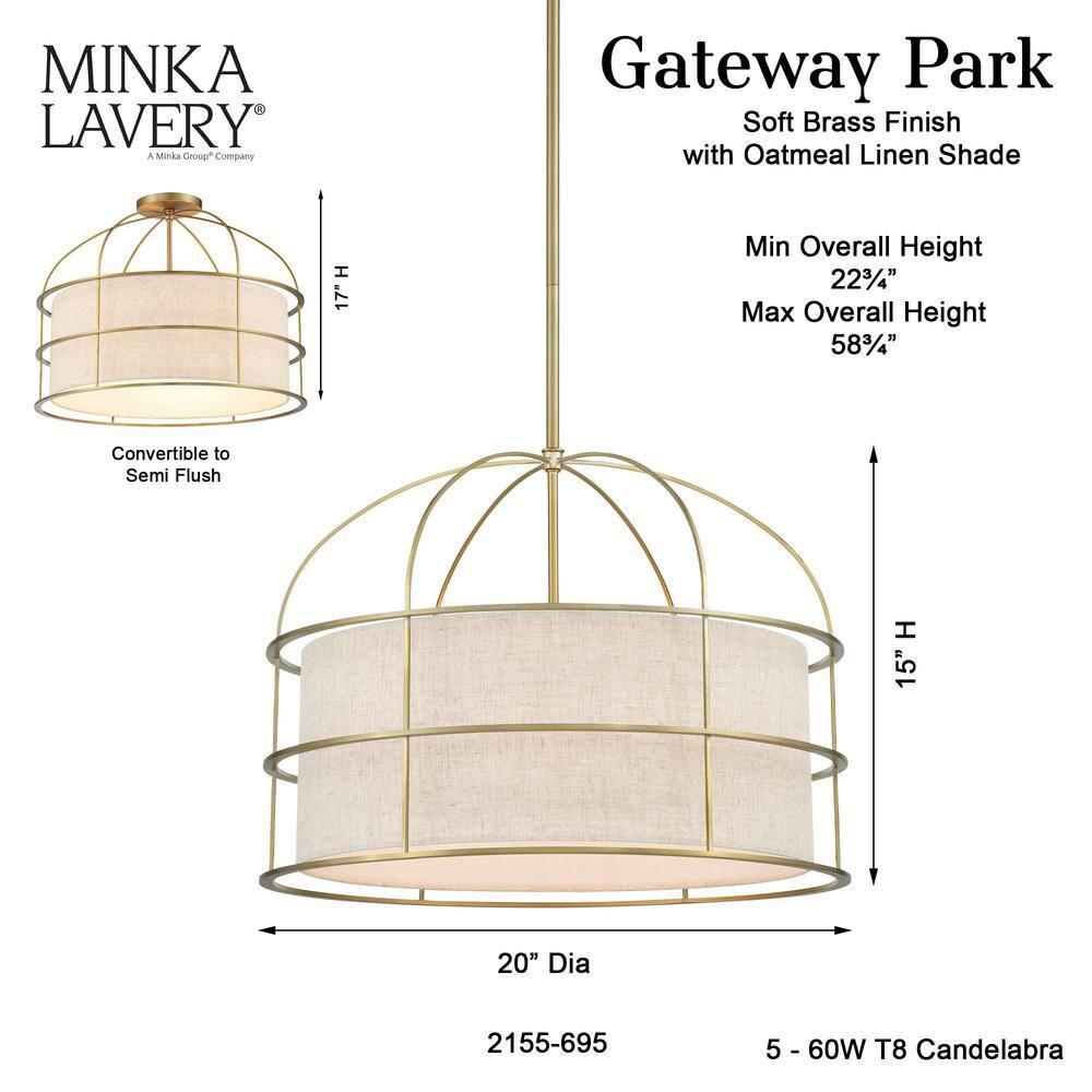 2155-695-Minka Lavery-Gateway Park - 5 Light Convertible Pendant-15 Inches Tall and 20 Inches Wide-Soft Brass Finish