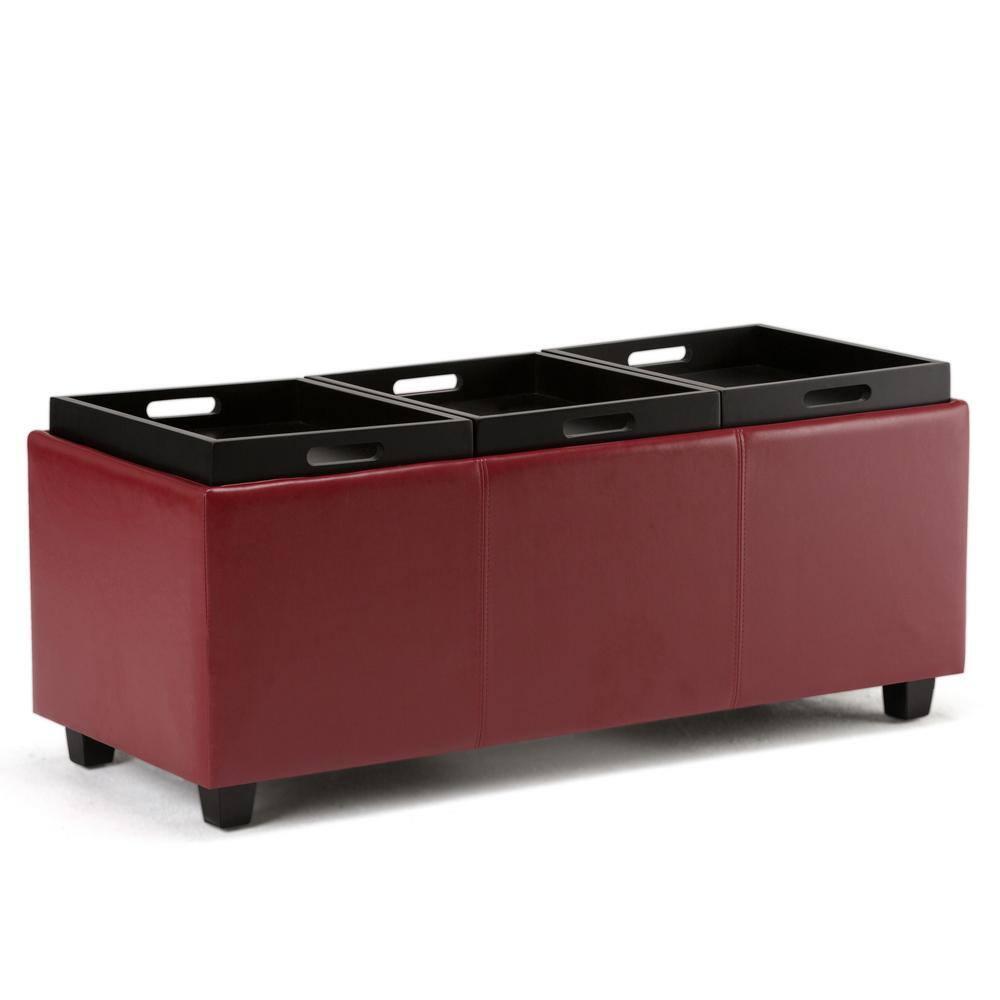 Simpli Home Avalon 42"W Upholstered Storage Ottoman with 3 Flip-Over Serving Trays