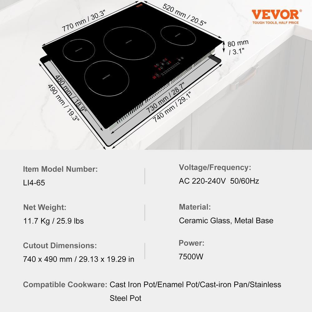 VEVOR Built-in Induction Electric Stove Top 30 Inch,4 Burners Electric Cooktop,9 Power Levels & Sensor Touch Control,Easy to Clean Ceramic Glass Surface,Child Safety Lock,240V