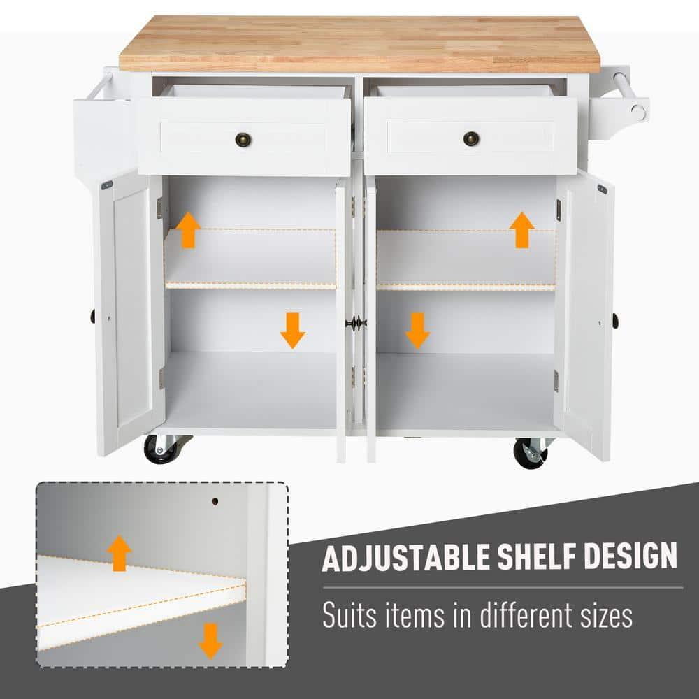HOMCOM Kitchen Island on Wheels, Rolling Cart with Rubber Wood Top, Spice Rack, Towel Rack & Drawers for Dining Room, White