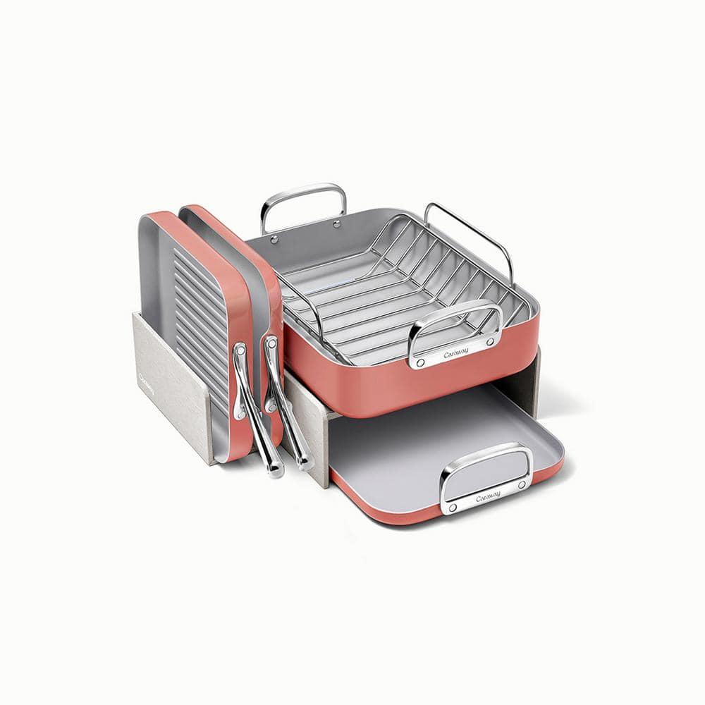Caraway Home 7pc Square Cookware Set Perracotta: Nonstick Ceramic, Griddle Pans, Roasting Pan, Pot Lid Organizer