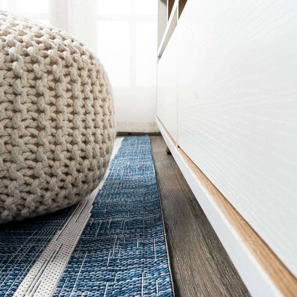 2'x10' Colonia Berber Stripe Indoor/Outdoor Runner Rug, Blue/Ivory - JONATHAN Y