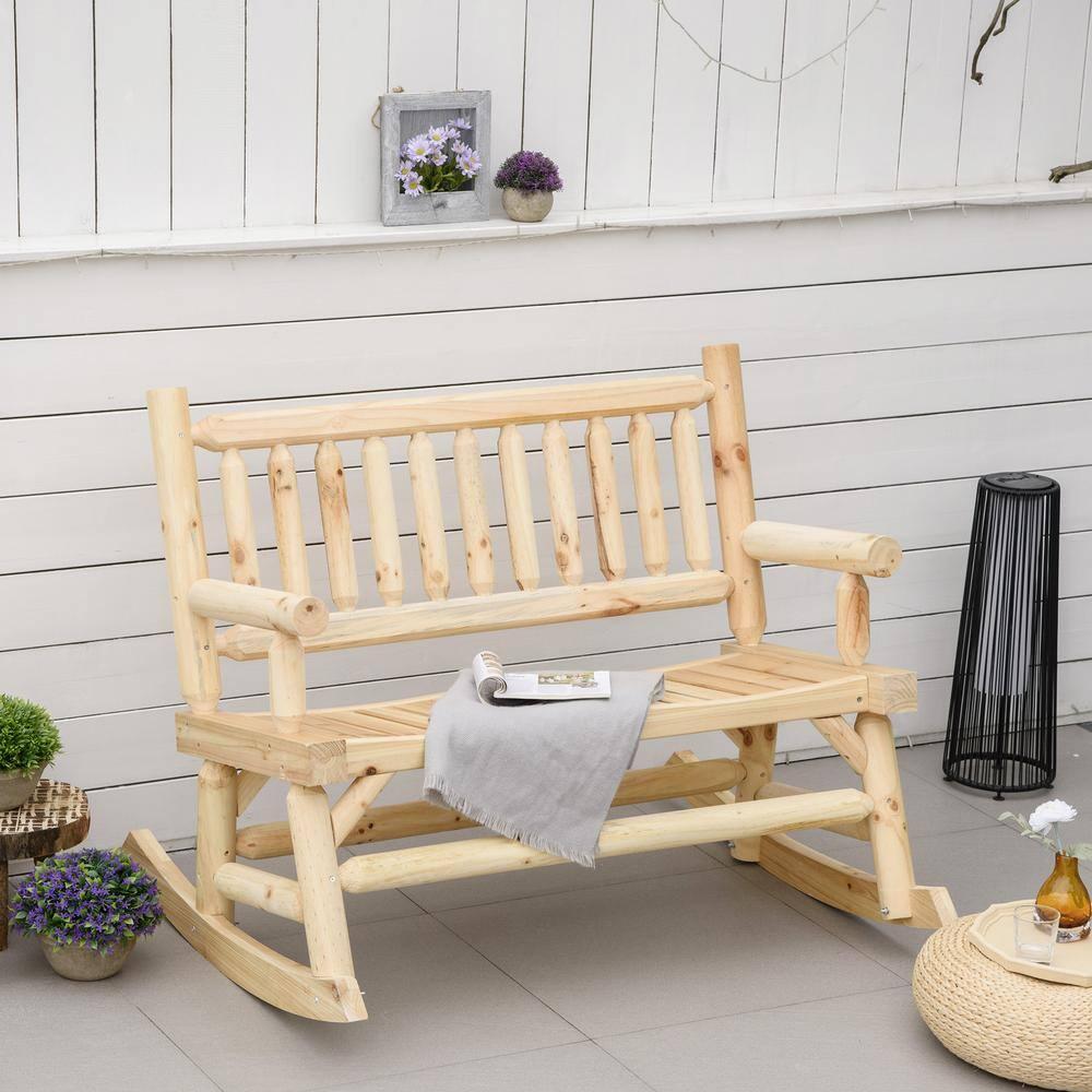 Outsunny 2-Person Wood Rocking Chair with Log Design, Heavy Duty Loveseat with Wide Curved Seats for Patio, Backyard, Garden, Natural