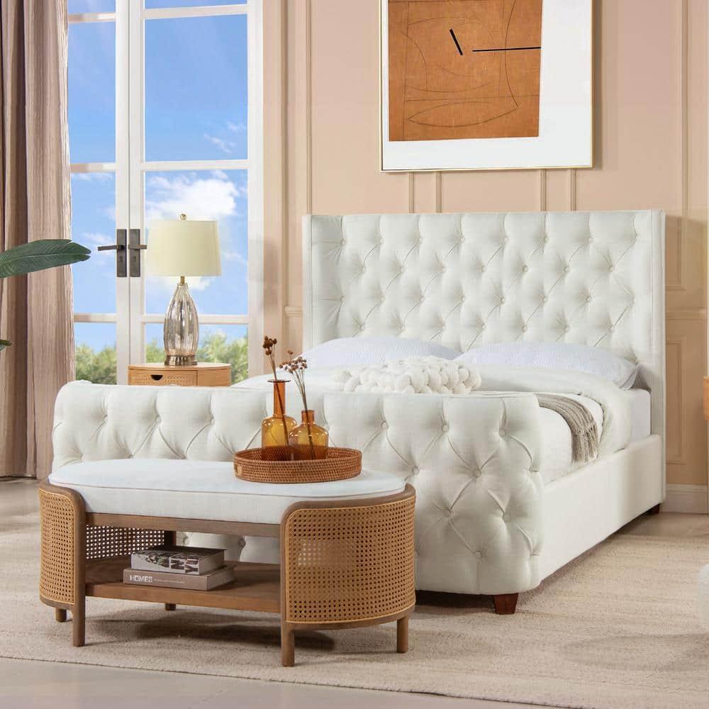 Jennifer Taylor Home Geneva Curved Wing Upholstered Platform Bed Frame, Queen, Antique White Polyester