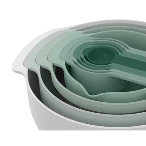 Joseph Joseph Nest 9 Plus, 9 Piece Compact Food Preparation Set with Mixing Bowls, Measuring cups, Sieve and Colander, Editions Range, Sage Green