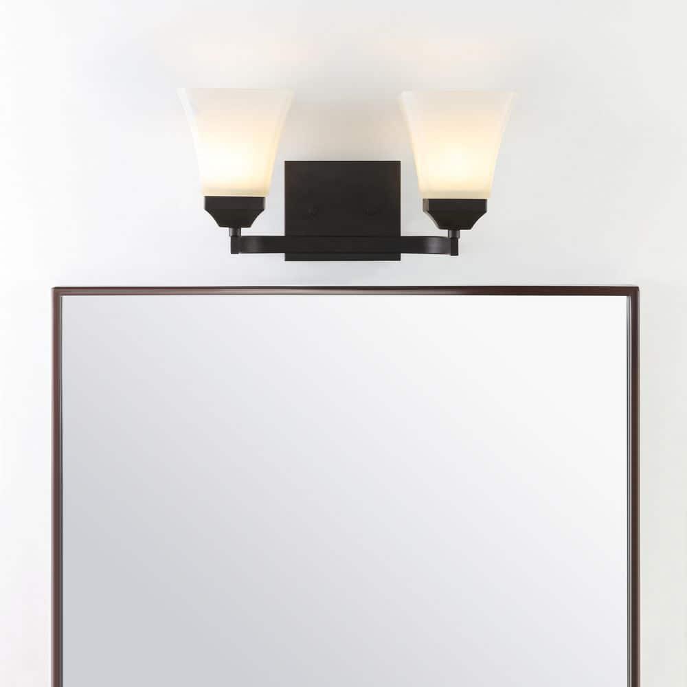 Staunton 15 in. 2-Light Iron/Glass Modern Cottage LED Vanity Light, Oil Rubbed Bronze