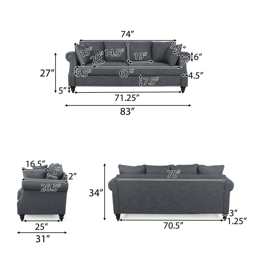 Noble House Viewland Fabric Pillowback 3 Seater Sofa with Nailhead Trim, Charcoal and Dark Brown