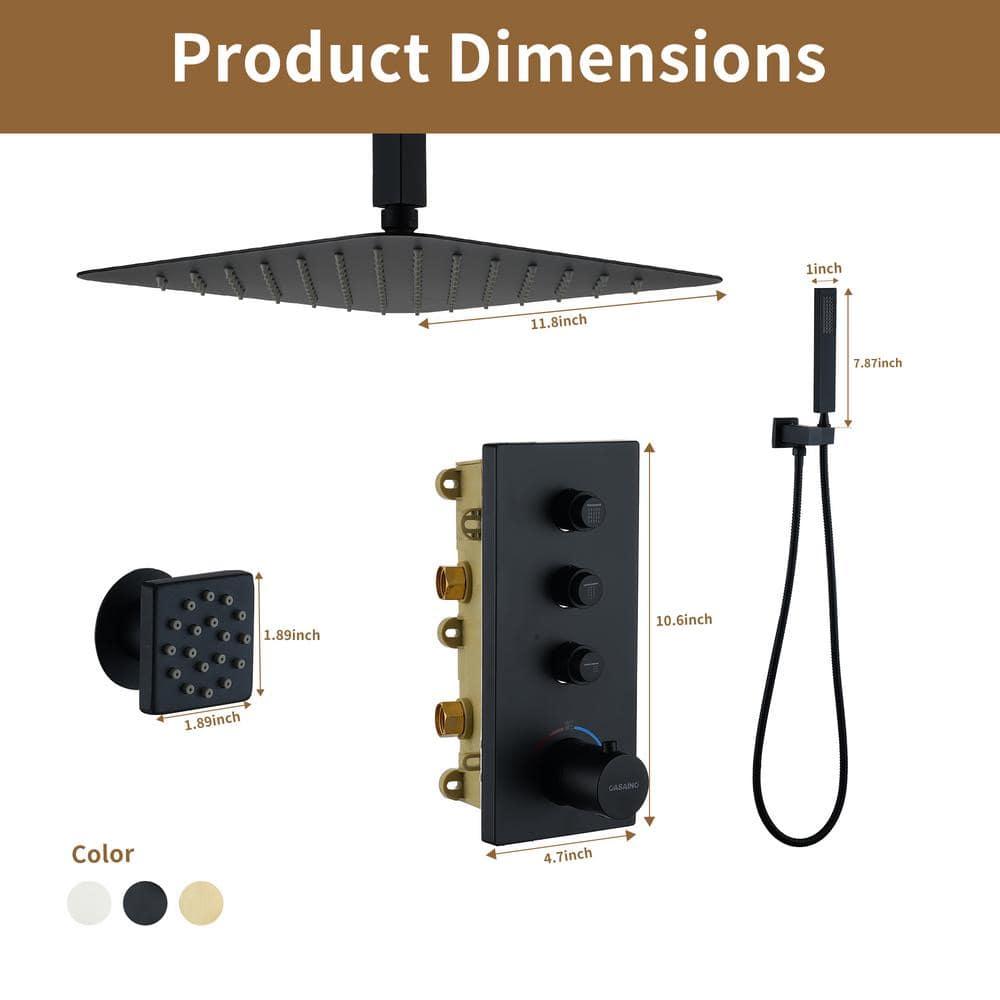 3 Functions 12 Inch Ceiling Mounted Thermostatic Shower System with 6 Body Jets