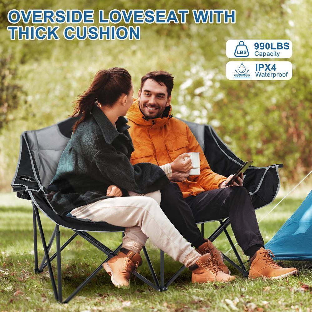 Slsy XXXL Double Camping Chair, Oversized Loveseat Camping Couch, Fully Padded Heavy Duty Outdoor Folding Chair w/ 2 Cup & Wine Glass Holder Support 900 lbs