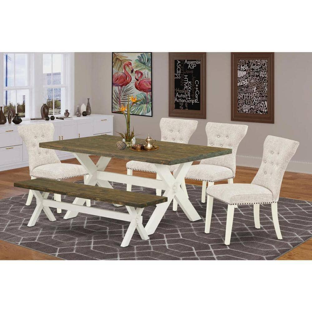 East West Furniture X076GA235-6 6 Piece Dining Table Set Contains a Rectangle Dining Room Table with X-Legs and 4 Doeskin Linen Fabric Parson Chairs with a Bench, 36x60 Inch, Multi-Color