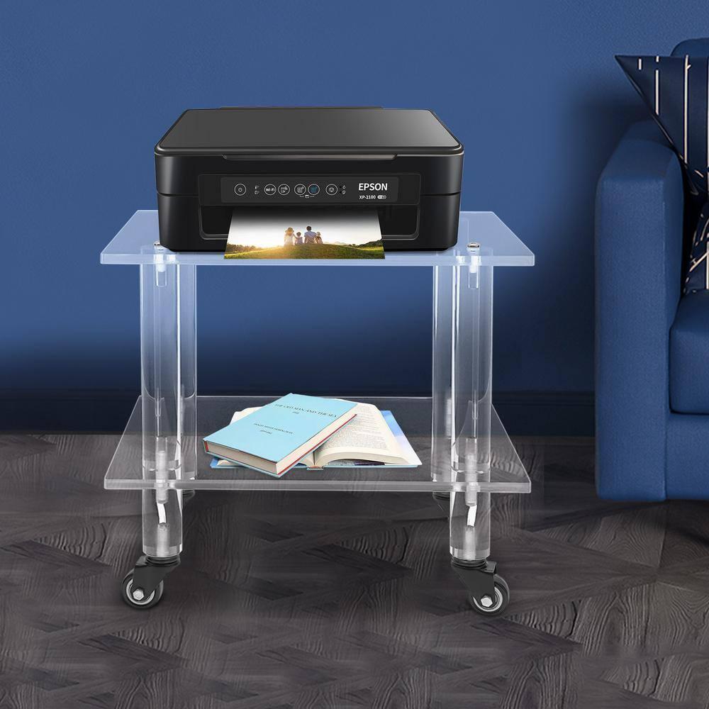 2-Tier Rolling Under Desk Printer Stand Cart with Storage Shelves, Clear Acrylic Printer Rack with Wheels for Home, Office 11.8 Width